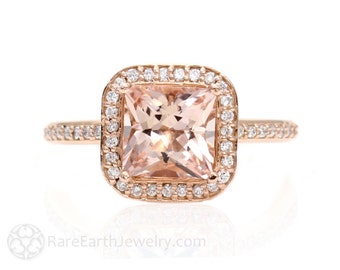 Morganite Halo Engagement Ring, Princess Cut Morganite Ring Diamond Halo, Square Morganite Ring, Rose Gold Morganite Ring, Unique Engagement