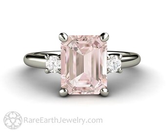 Emerald Morganite Engagement Ring 3 Stone Morganite Ring Three Stone Morganite and Diamond Ring 14K or 18K Gold