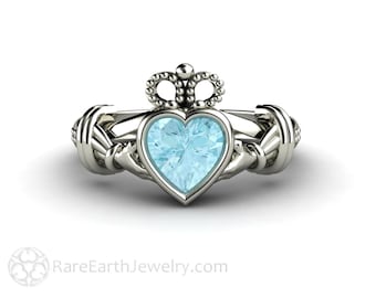 Aquamarine Claddagh Ring Irish Engagement Ring Heart Shaped Promise Ring Irish Jewelry Ireland Jewellery Gold Platinum March Birthstone