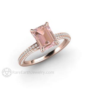 Light Pink Sapphire Engagement Ring Emerald Cut Solitaire with Pave Diamonds Pastel Pink Peach Sapphire Ring with Thin Band and Claw Prongs