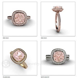 May include: A square-shaped pink gemstone engagement ring with a halo of smaller diamonds. The ring is shown in three different metal settings: rose gold, yellow gold, and a white gold set with a matching wedding band.