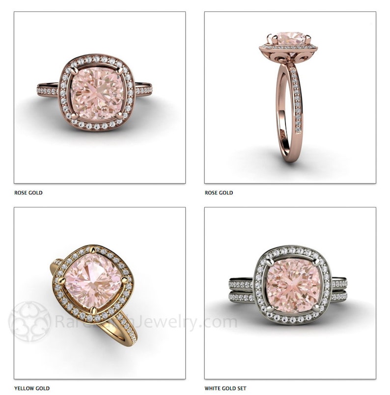 May include: A square-shaped pink gemstone engagement ring with a halo of smaller diamonds. The ring is shown in three different metal settings: rose gold, yellow gold, and a white gold set with a matching wedding band.