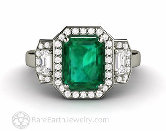 Large Three Stone Emerald Engagement Ring Emerald Cut Green Emerald Ring with Lab Created Diamonds 3 Stone Diamond Halo Gold Platinum