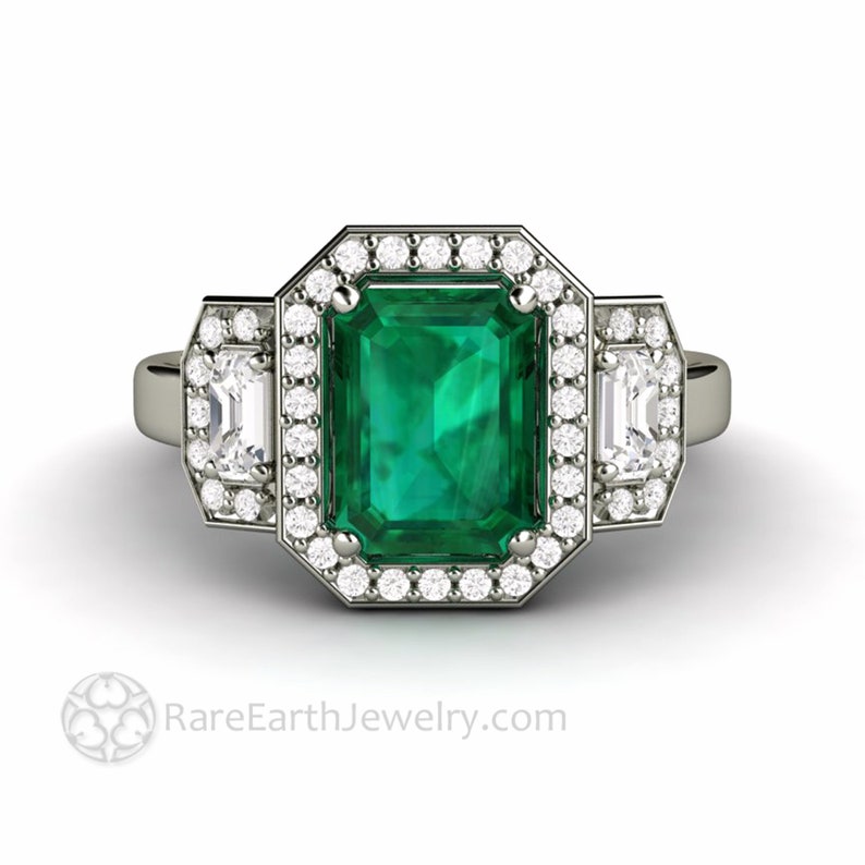 Large Green Emerald Engagement Ring Three Stone Style with Diamond Halos.  Lab Created Emerald and Diamond Ring