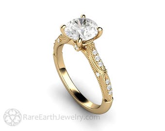 1.5ct Round Forever One Moissanite Engagement Ring Vintage Inspired Art Deco Moissanite Solitaire with Filigree and Milgrain Gold Platinum