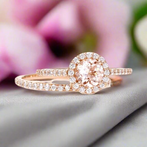 Morganite Engagement Ring Round Morganite Halo Ring Morganite Ring Pave Diamond Halo Wedding Set Dainty Rose Gold Pink Gemstone Ring