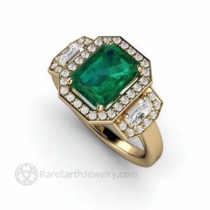 Large Three Stone Emerald Engagement Ring Emerald Cut Green Emerald Ring with Lab Created Diamonds 3 Stone Diamond Halo Gold Platinum image 9