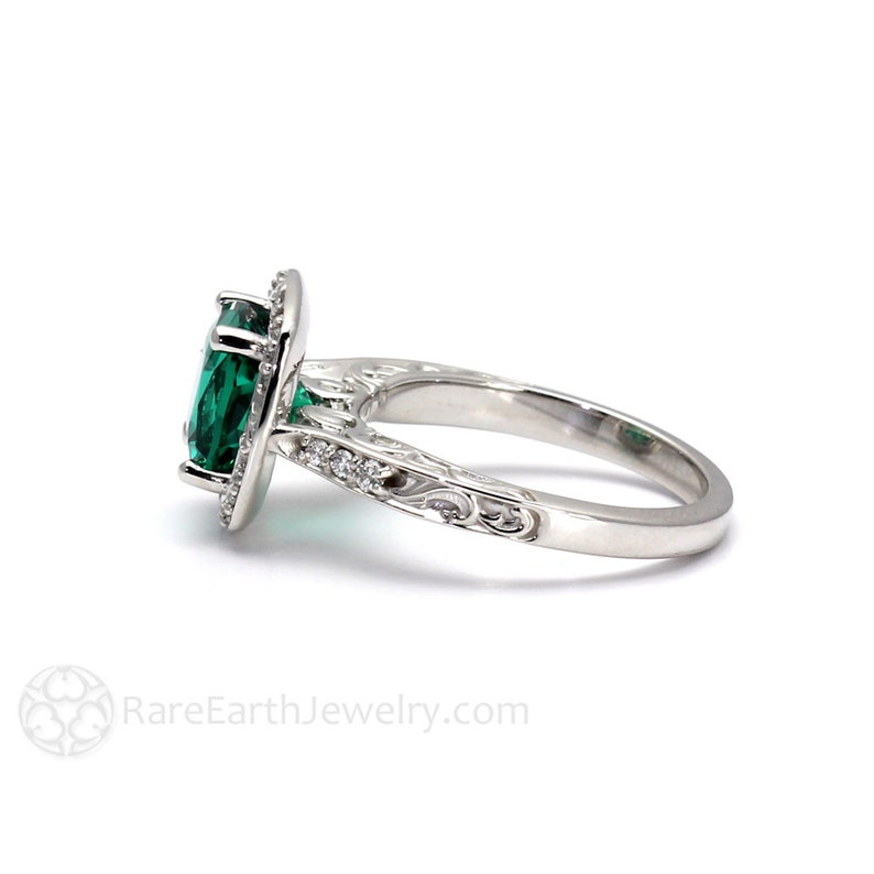 Art Deco Engagement Ring Emerald Ring Cushion Diamond Halo 14K - Etsy