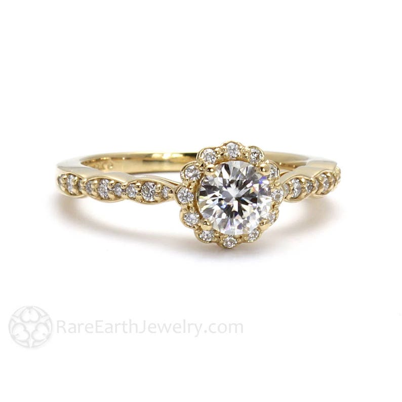 Vintage Style Moissanite Engagement Ring Round Diamond Halo Forever One Moissanite Ring with Scalloped Band Ethical Diamond Alternative image 5