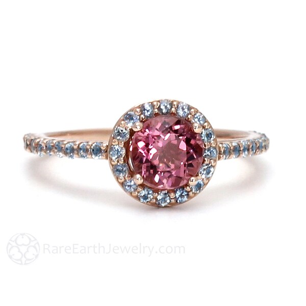 Pink Tourmaline Ring Aquamarine Halo 14K Gold Engagement Ring Custom Gemstone Ring