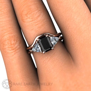 Black Diamond Wedding Set Engagement Ring 3 Stone Vintage Black Diamond Ring Unique Engagement Bridal Set 14K, 18K Gold or Platinum image 5