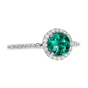 Round Emerald Engagement Ring with Diamond Halo | Lab Grown Emerald Ring | May Birthstone Ring in 14K 18K Gold or Platinum image 3