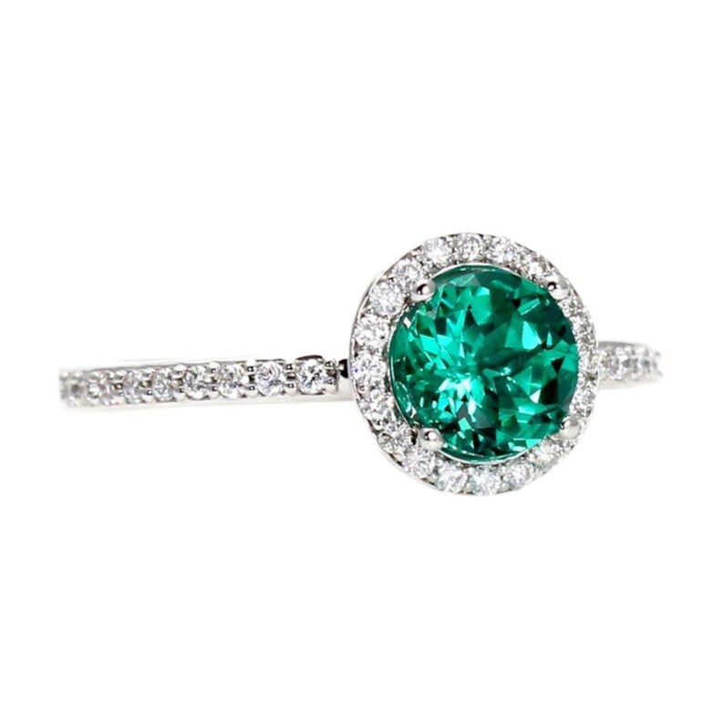 Round Emerald Engagement Ring with Diamond Halo | Lab Grown Emerald Ring | May Birthstone Ring in 14K 18K Gold or Platinum image 3