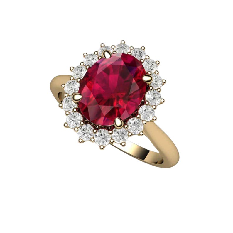 Anillo de compromiso con rubí, anillo de rubí ovalado, anillo de halo de rubí con racimo de diamantes y diamantes, piedra natal de julio, piedra preciosa roja. imagen 9