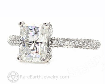 Radiant Moissanite Engagement Ring Forever One Moissanite Solitaire Ring with Pave Diamonds 8x6 Radiant Diamonds on Prongs