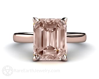 Emerald Cut Morganite Ring 3 Carat Solitaire Morganite Solitaire Engagement Ring in 14K or 18K White Yellow Rose Gold Peach Pink Gemstone