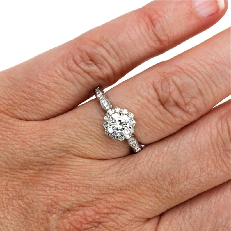 Platinum Moissanite Diamond Halo Engagement Ring Cushion Cut Forever One Moissanite Ring image 2