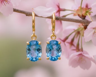 Swiss Blue Topaz Drop Earrings 14K Gold Leverback | 8x6mm Oval Dangle Earrings | December Birthstone Jewelry