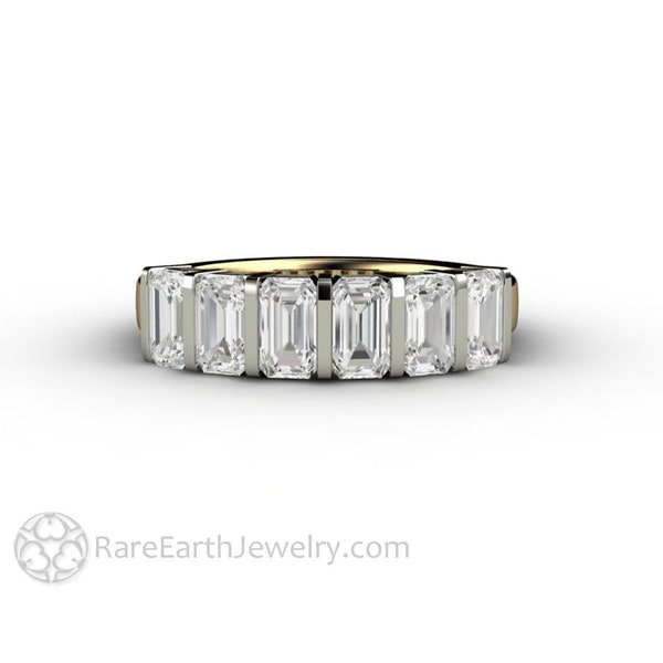Emerald Cut Moissanite Ring, Bar Set Moissanite Band Moissanite Wedding Ring Simple Geometric Design Minimalist Style Two Tone Gold Platinum