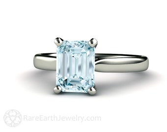 Aquamarine Engagement Ring Emerald Cut Aquamarine Ring Solitaire Aqua Ring March Birthstone 14K Gold or 18K Gold or Platinum