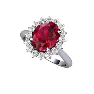 Anillo de compromiso con rubí, anillo de rubí ovalado, anillo de halo de rubí con racimo de diamantes y diamantes, piedra natal de julio, piedra preciosa roja. imagen 10