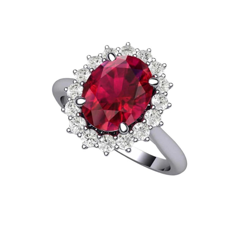 Anillo de compromiso con rubí, anillo de rubí ovalado, anillo de halo de rubí con racimo de diamantes y diamantes, piedra natal de julio, piedra preciosa roja. imagen 10