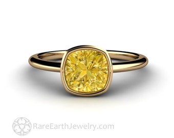Yellow Moissanite Engagement Ring Cushion Cut Yellow Moissanite Ring Simple Bezel Set Solitaire Minimalist Design in 14K 18K Gold Platinum