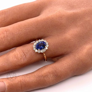Oval Blue Sapphire Engagement Ring Blue Sapphire Ring Vintage Style Diamond Halo Cluster Sapphire and Diamond Ring September Birthstone