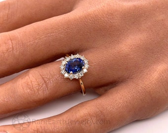 Oval Blue Sapphire Engagement Ring Blue Sapphire Ring Vintage Style Diamond Halo Cluster Sapphire and Diamond Ring September Birthstone