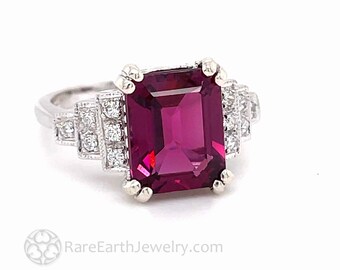 Natural Rhodolite Garnet Engagement Ring Art Deco Red Garnet Ring Vintage Style with Double Prongs Pave Diamonds and Milgrain 14K 18K Gold