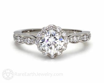 Platinum Moissanite Diamond Halo Engagement Ring Cushion Cut  Forever One Moissanite Ring