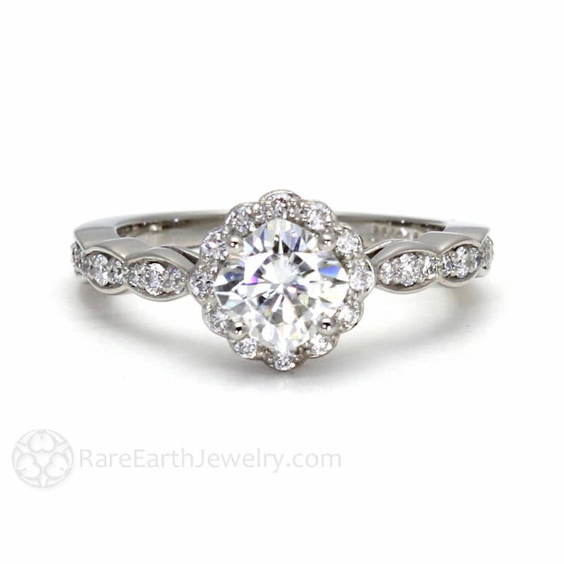 Platinum Moissanite Diamond Halo Engagement Ring Cushion Cut Forever One Moissanite Ring image 1