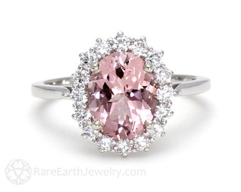 Pink Moissanite Engagement Ring Oval Pink Moissanite Ring Platinum Cluster Design with Natural Diamond Halo Pink Stone