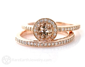 Morganite Engagement Ring Bridal Set Wedding Ring Diamond Halo Morganite Ring 14K or 18K Rose Gold Wedding Ring