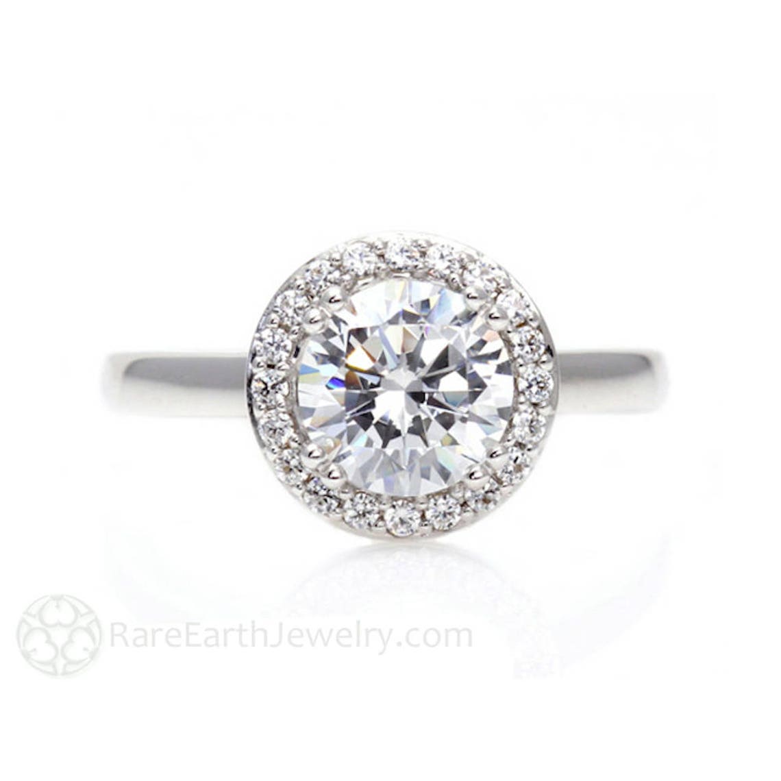 Platinum Moissanite Engagement Ring Diamond Halo Plain Band Etsy