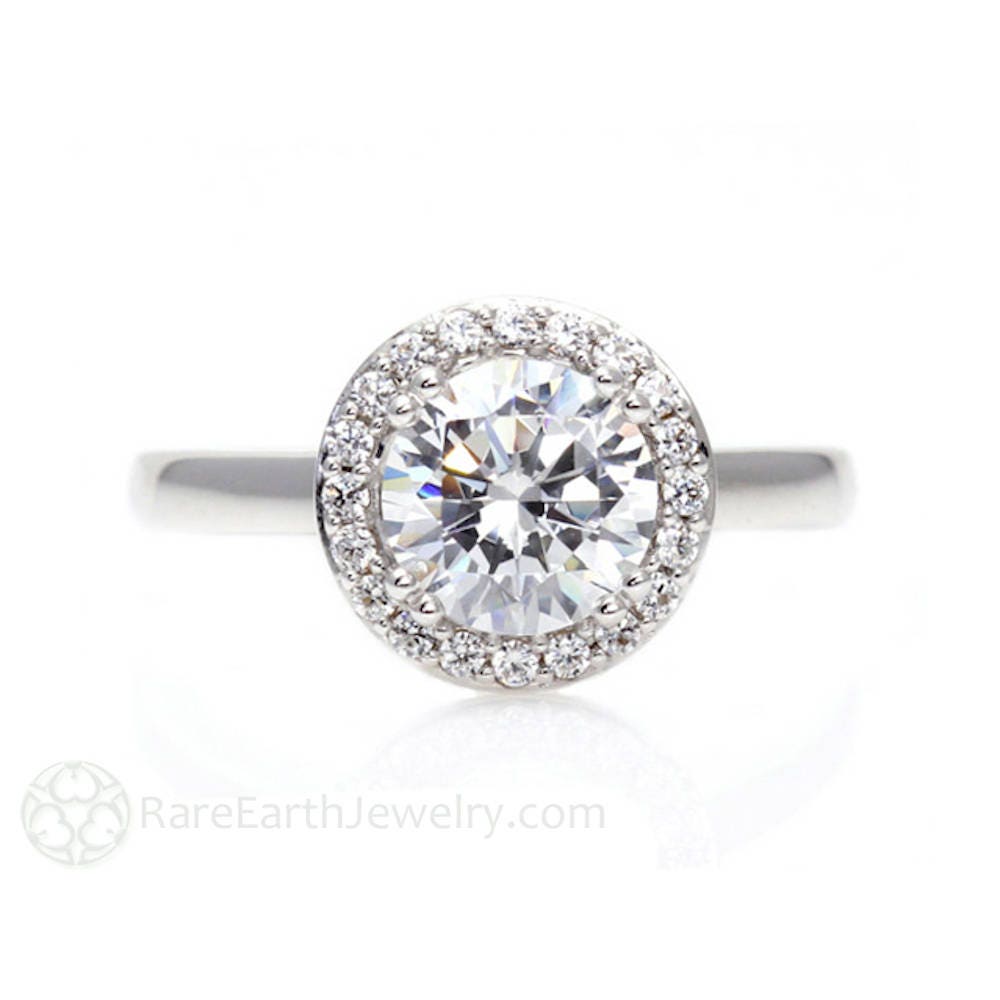 Platinum Moissanite Engagement Ring Diamond Halo Plain Band Etsy
