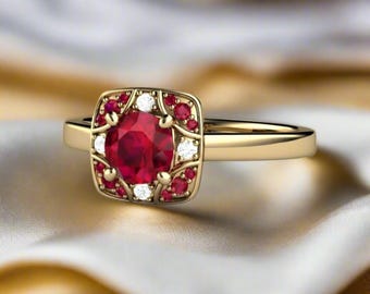 Natural Ruby Engagement Ring | Art Deco Ruby and Diamond Ring in Gold or Platinum, July Birthstone Ring