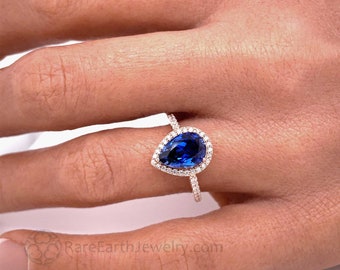 Blue Sapphire Engagement Ring Diamond Halo Pear Cut Sapphire Halo Ring Pear Shaped Blue Sapphire Ring September Birthstone