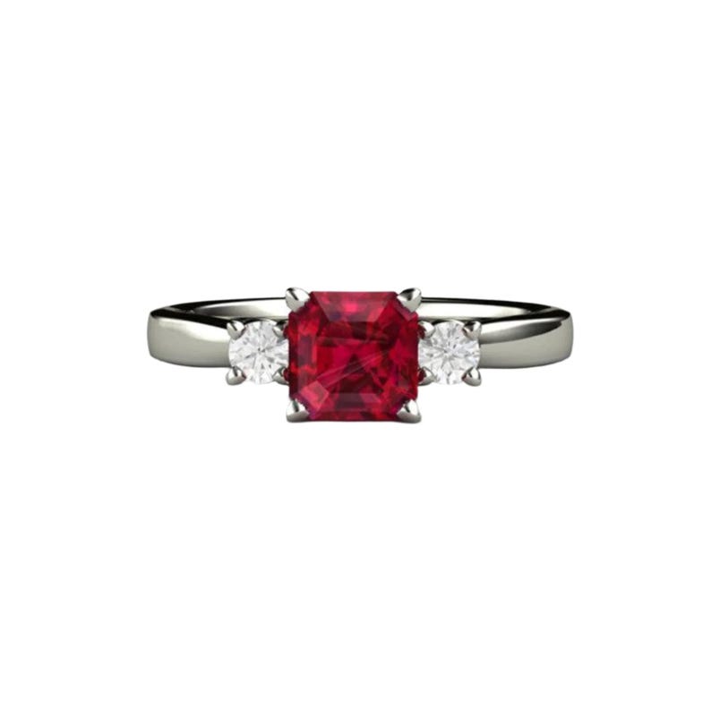 Drei Stein Rubin Verlobungsring Asscher Cut Rubin Ring 3 Stein mit Diamanten in Gold oder Platin Rot Edelstein Ring Juli Geburtsstein Bild 4