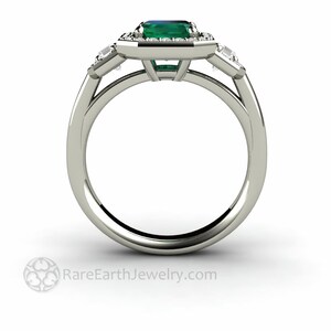 Large Three Stone Emerald Engagement Ring Emerald Cut Green Emerald Ring with Lab Created Diamonds 3 Stone Diamond Halo Gold Platinum image 7