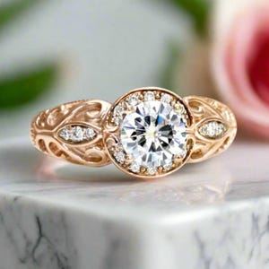 Rose Gold Moissanite Engagement Ring, Vintage Style Diamond Halo, Art Deco Moissanite Ring Lab Created Diamond Alternative 14K 18K Platinum image 1