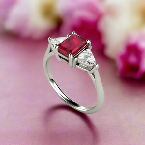 Emerald Cut Ruby Engagement Ring 3 Stone with Lab Grown Diamond Trillions | July Birthstone Ring in Gold or Platinum