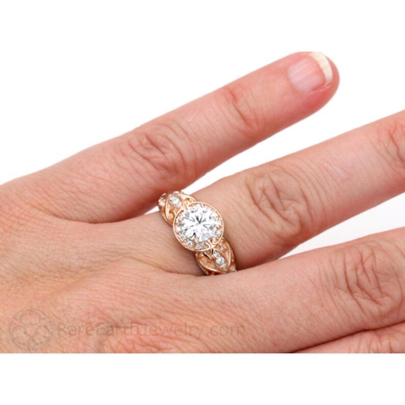 Rose Gold Moissanite Engagement Ring, Vintage Style Diamond Halo, Art Deco Moissanite Ring Lab Created Diamond Alternative 14K 18K Platinum image 5