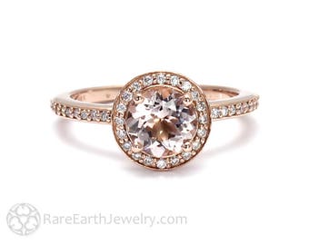 Anel redondo de Morganite Halo Anel de noivado de Morganite com diamante Halo em ouro 14K ou 18K com pedra preciosa rosa