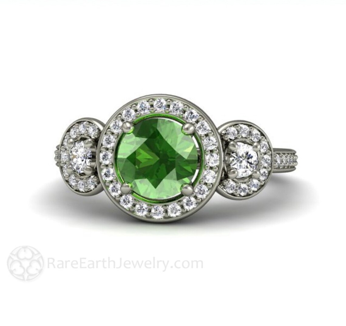 Green Sapphire Engagement Ring 3 Stone Round Green Sapphire Etsy