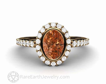 Orange Sapphire Engagement Ring, Oval Orange Sapphire Ring, Bezel Setting Pave Diamond Halo Unique Engagement Ring Orange Stone Ring