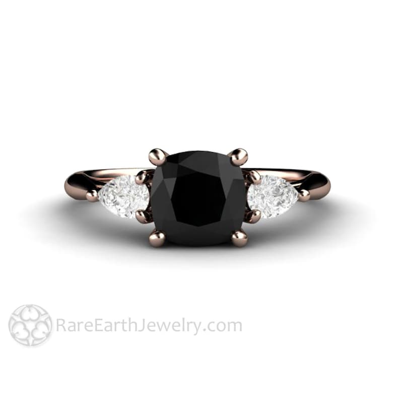 Cushion Cut Black Diamond Engagement Ring 3 Stone Black Etsy