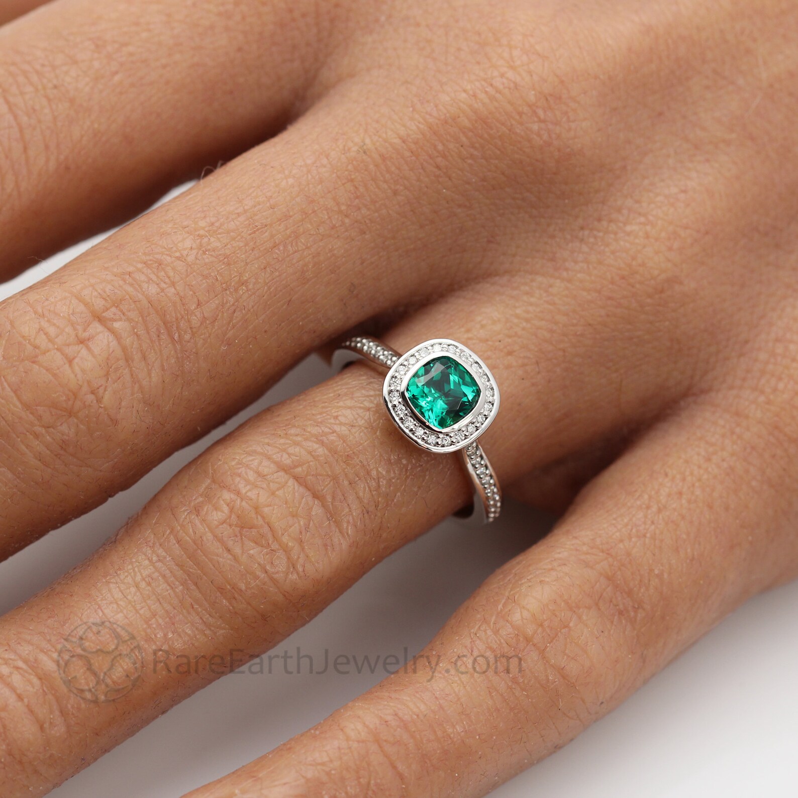 Emerald Engagement Ring Bezel Set Cushion With Diamond Halo Etsy