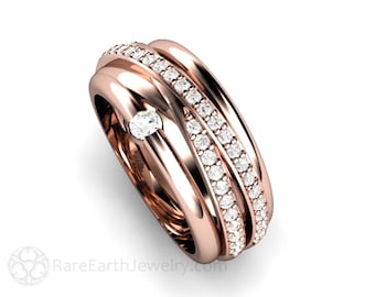 18K Diamond Band Triple Band Multi Band Rolling Ring Wedding Band Anniversary Band Diamond Ring