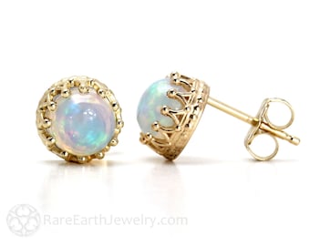 Opal Earrings, 14K Gold Opal Studs, Natural Opal Stud Earrings Crown Design, Round Cabochon Opal Post Earrings, October Birthstone Earrings